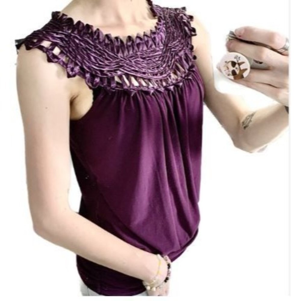 Perseption Concept Women Blouse Top Crochet Yoke Collar Purple Sleeveless SZ XL
